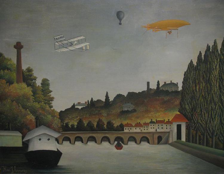 Henri Rousseau View of the Pont Sevres and the Hills of Clamart, Saint-Cloud, and Bellevue with Biplane, Ballon and Dirigible By Henri Rousseau oil painting image